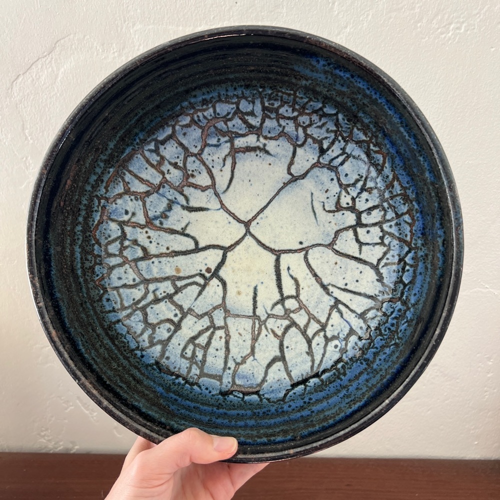 Large stoneware studio pottery serving bowl blue white indigo signed mid century
